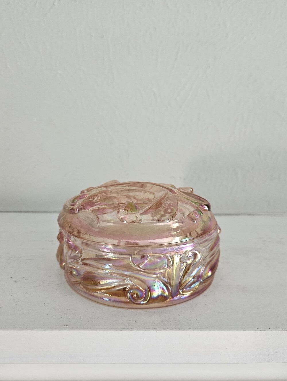 Vintage Fenton Opalescent Pink Chiffon Glass Powder/Trinket Jar With Dome Lid